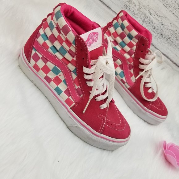 VANS checkered PINK/BLUE High Tops - Picture 3 of 5